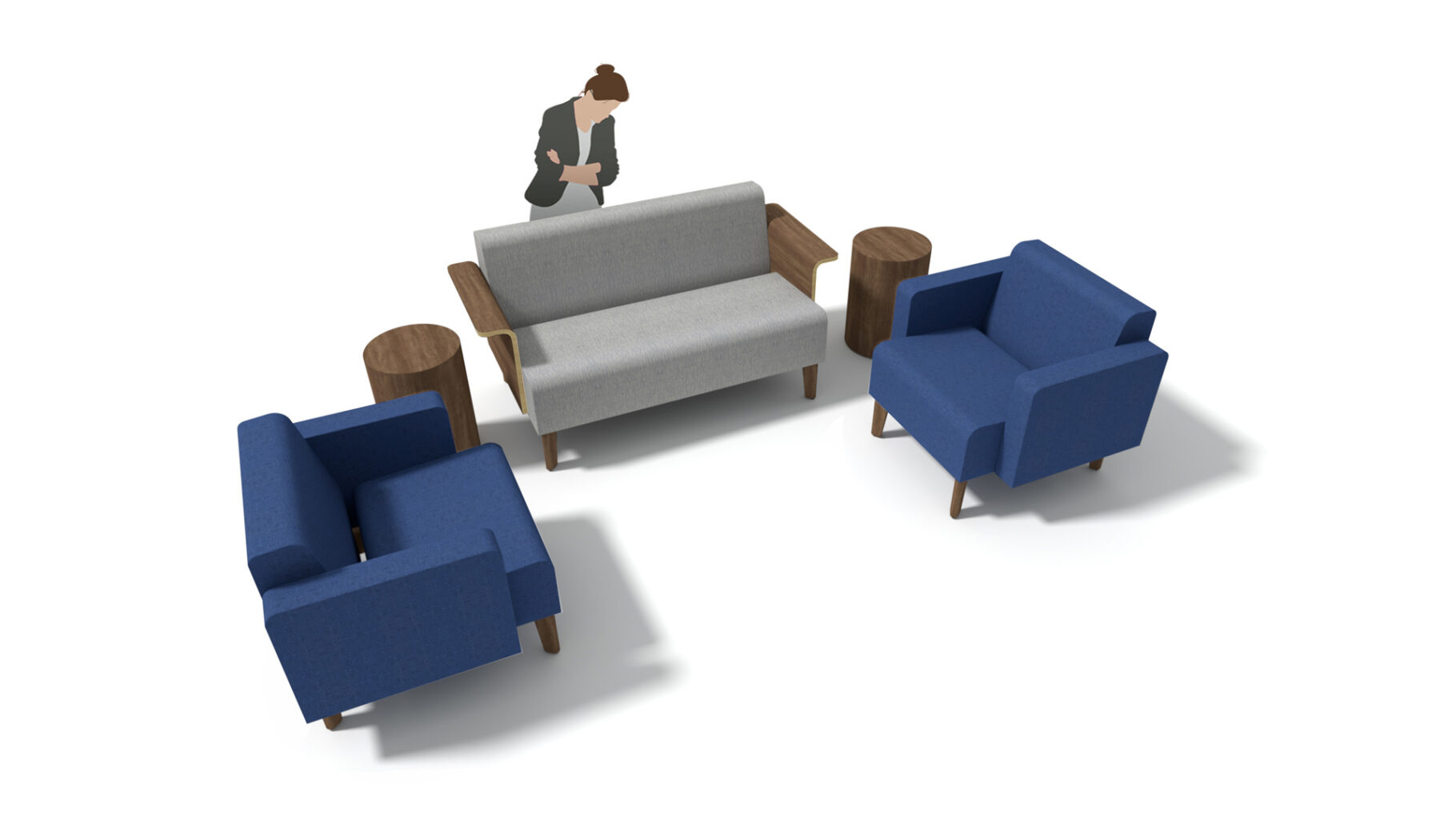 Concept A - Seating are with two Avila lounge chairs with upholstered arms, two Pilsen drum tables and and an Avila sofa with molded wood arms.