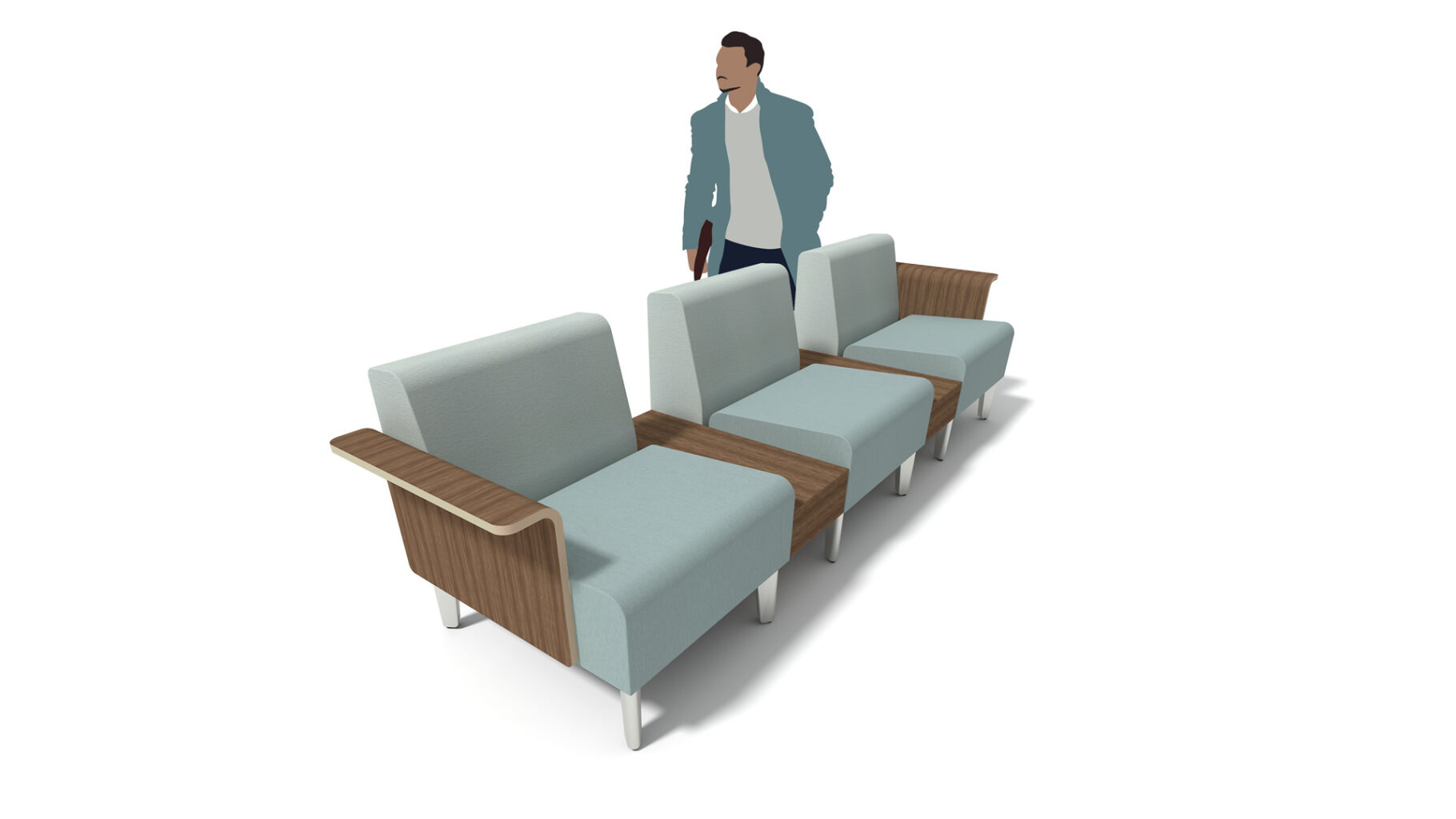 Concept B - connected seating configuration featuring  an Avila lounge chair with left arm facing molded wood arm, single depth table, lounge chair, single depth table, and avila lounge chair with right arm facing molded wood arm.