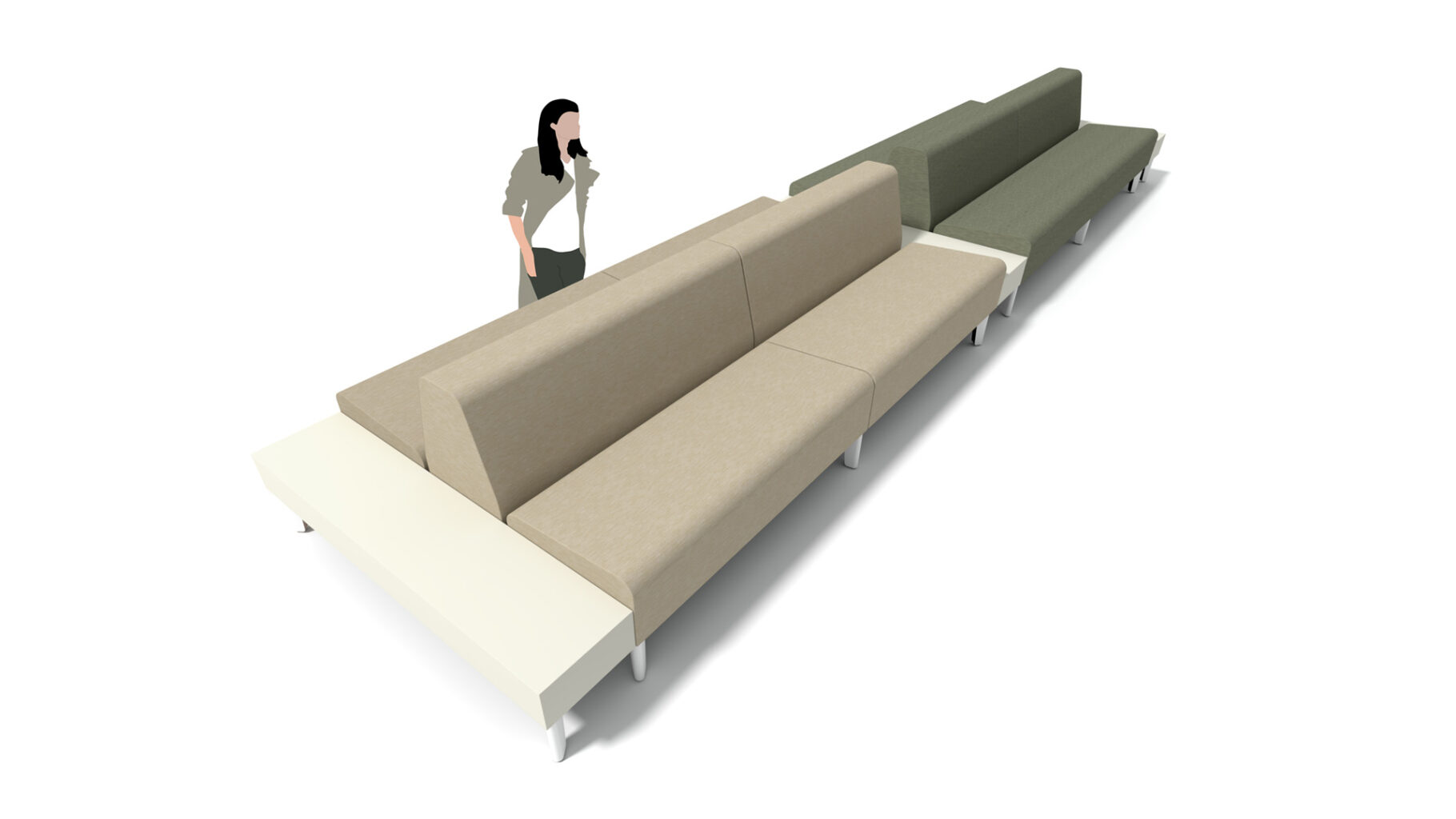 Concept C - configuration featuring an Avila double depth table, two double sided sofas, a double depth table, two double sided sofas, and a double depth table.
