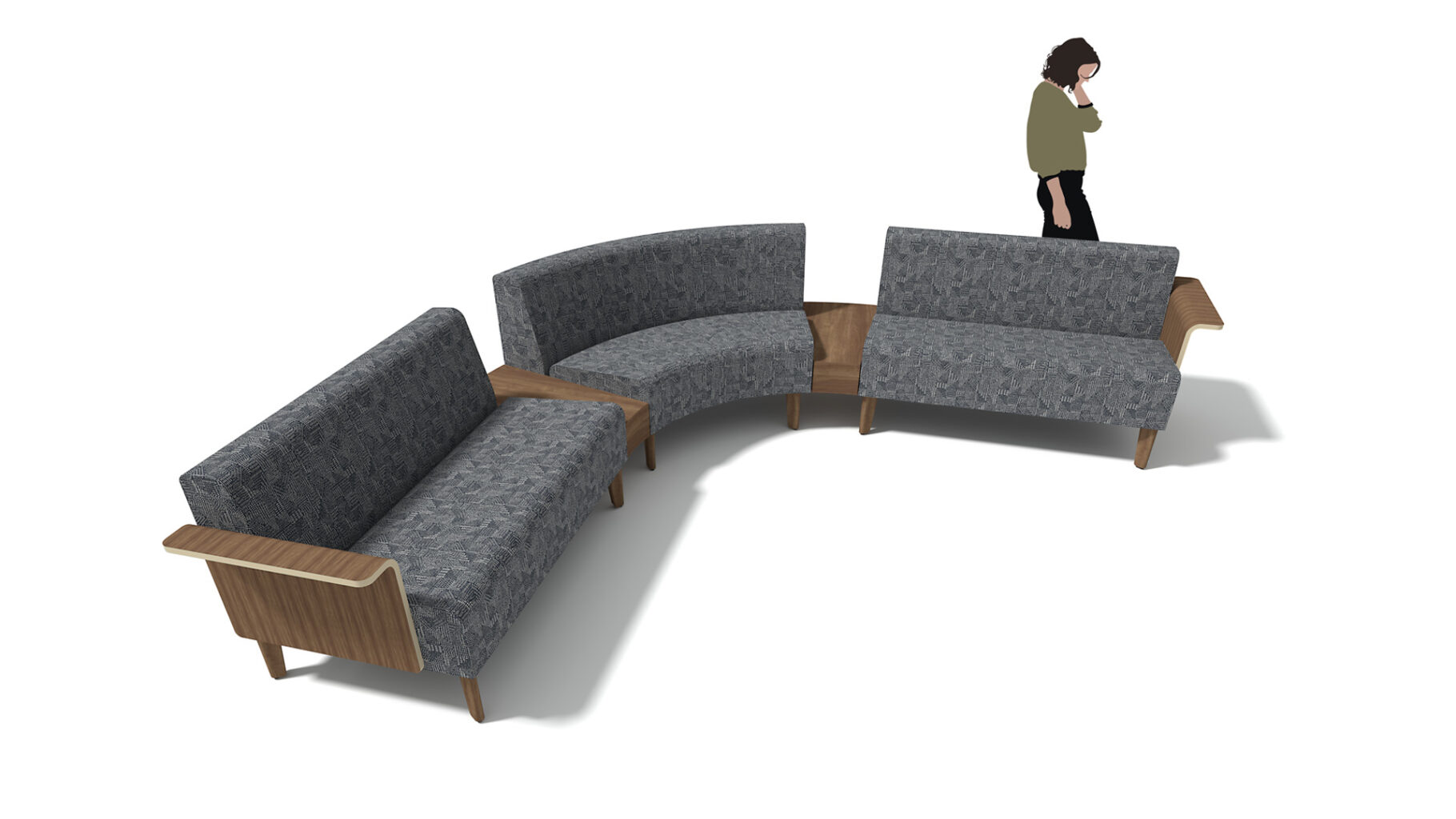Concept D - configuration of an Avila sofa with left arm facing molded wood arm, narrow wedge table, inside quarter, narrow wedge table and sofa with right arm facing molded wood arm.
