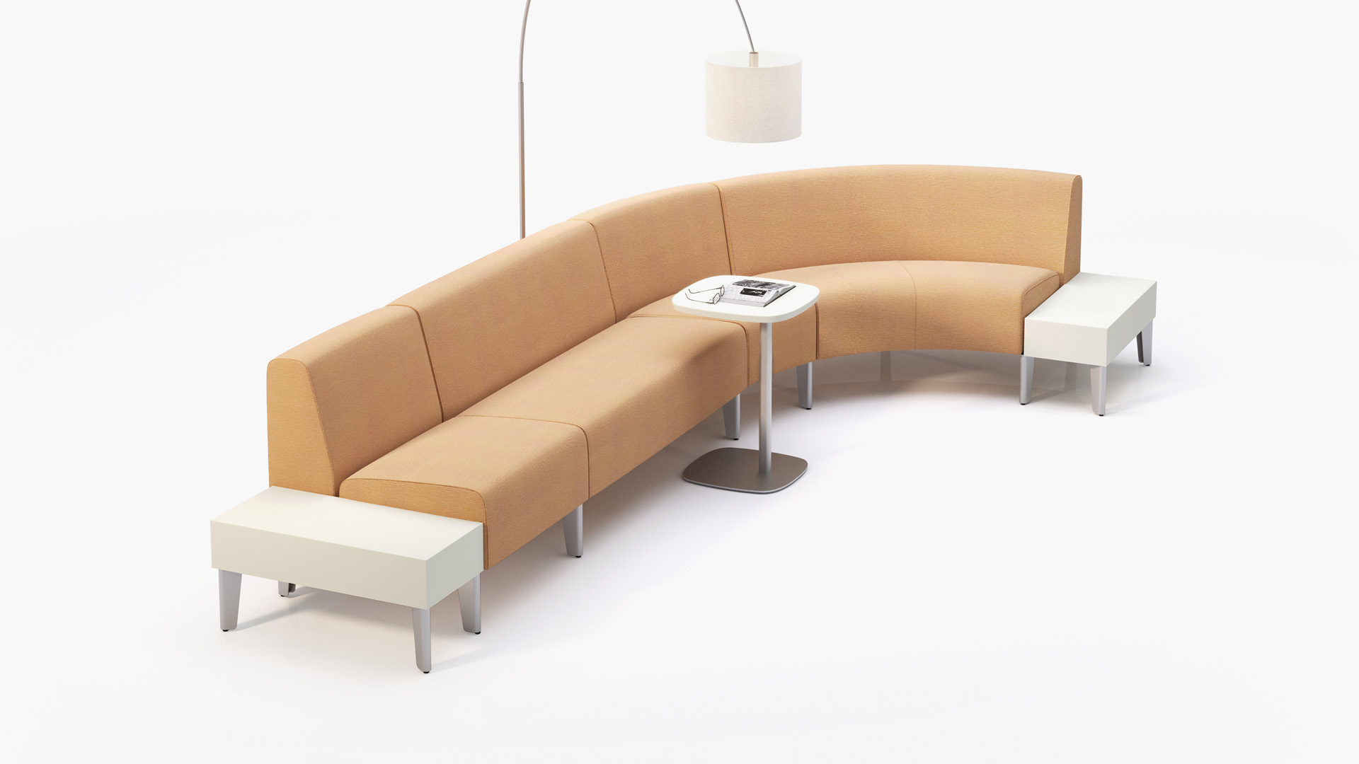 Avlia configuration with single depth tables, lounge chair, sofa, inside wedge and inside quarter.