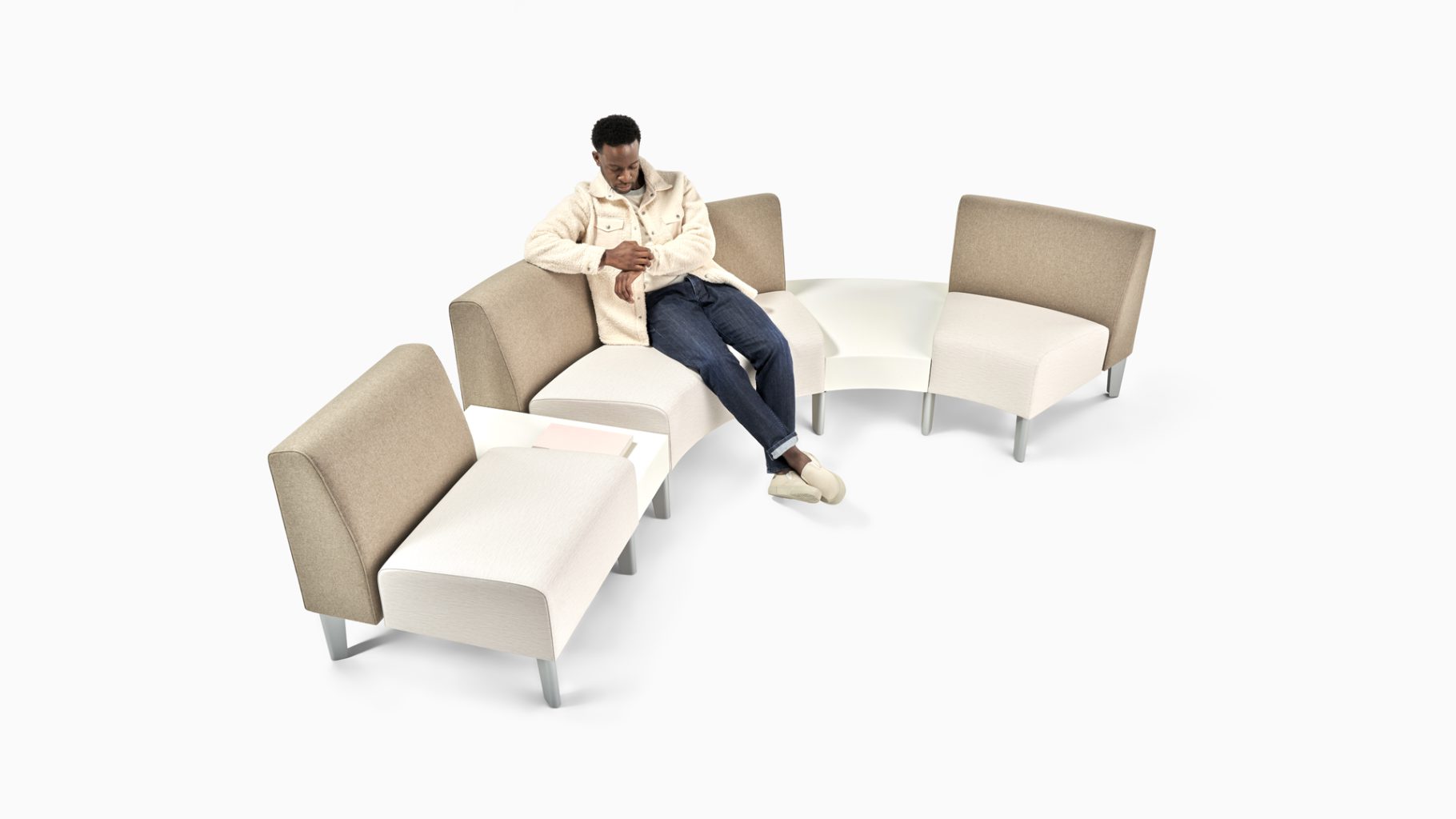 Avila configuration featuring a lounge chair, single depth table, inside quarter, wide wedge table, and inside wedge.