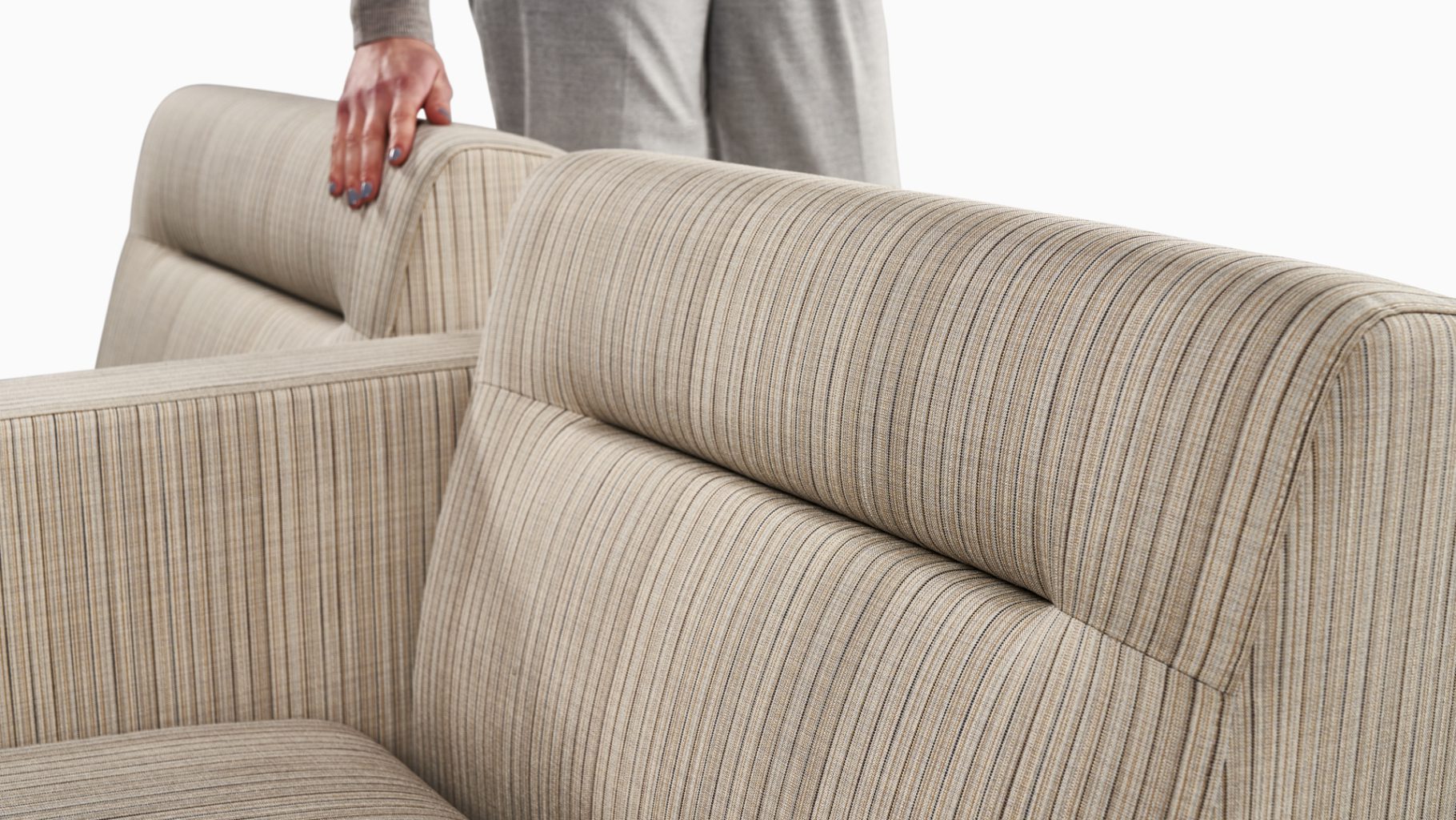 Detail of Avila ganged lounge chairs with middle upholstered arm.